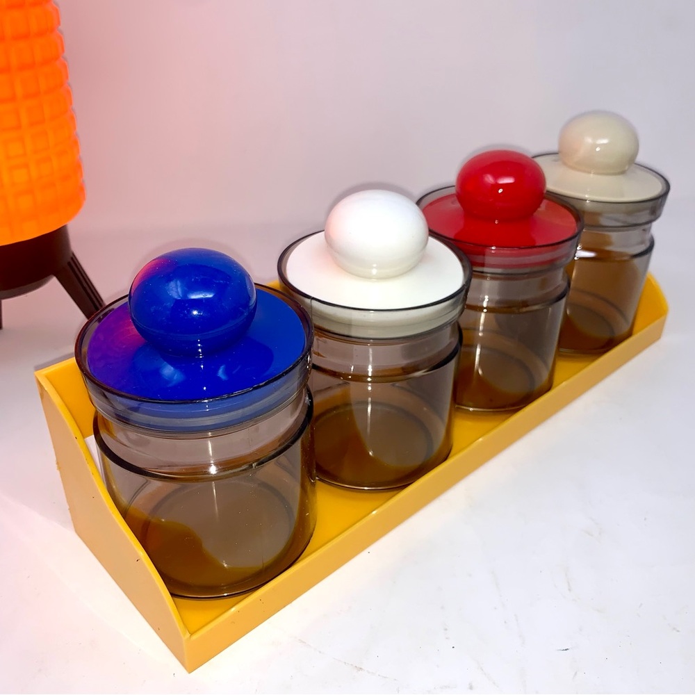 v i n t a g e :: Bright Midcentury 4 Jar Set Shelf Storage Apothecary Kitchen